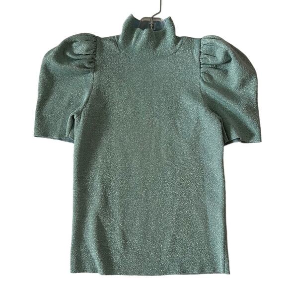 Alice + Olivia Sweaters - Alice + Olivia Metallic Sage Green Puff-Sleeve Turtleneck Sweater